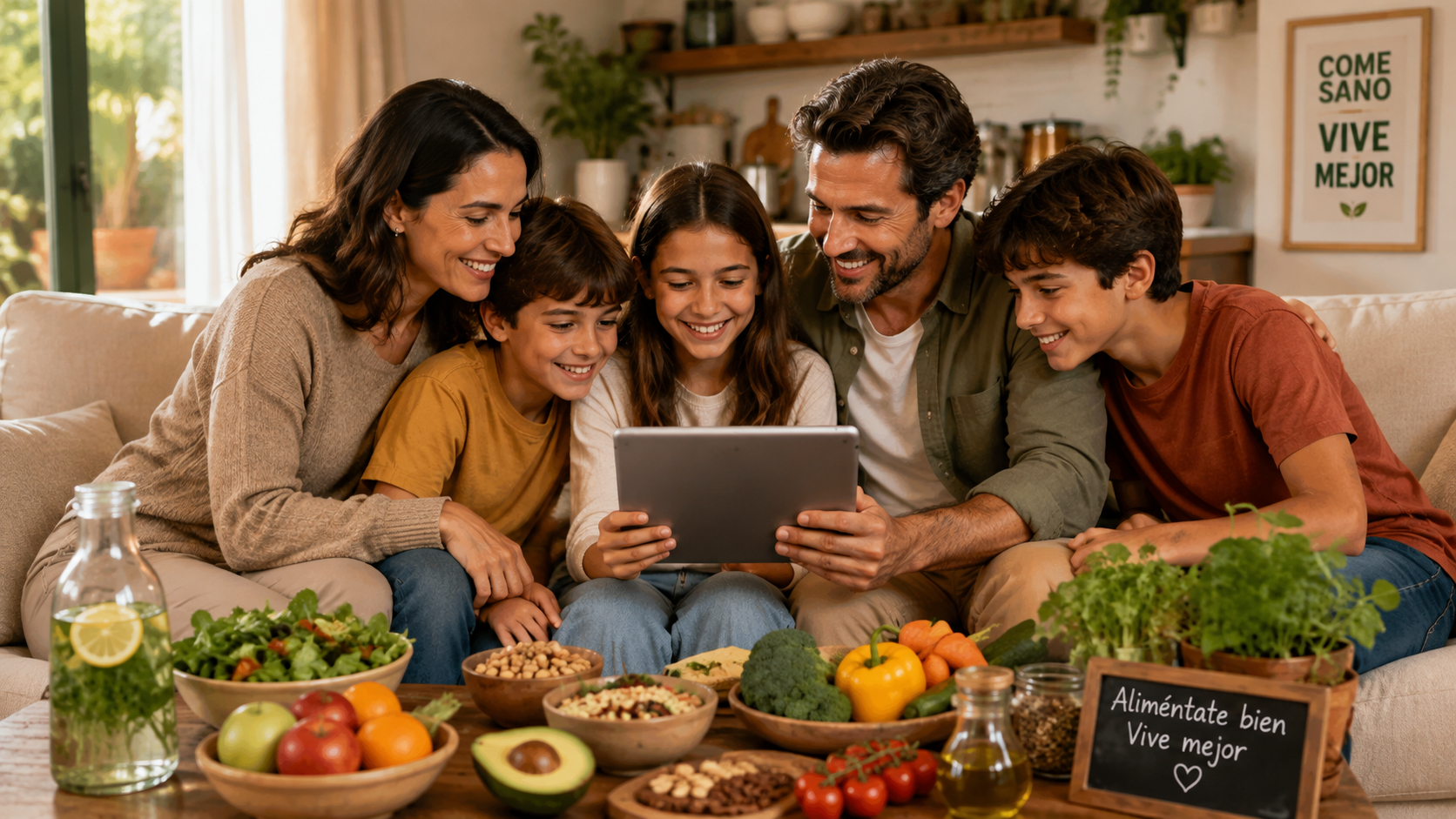 Familia latina leyendo juntos la guía de nutrición en una tablet