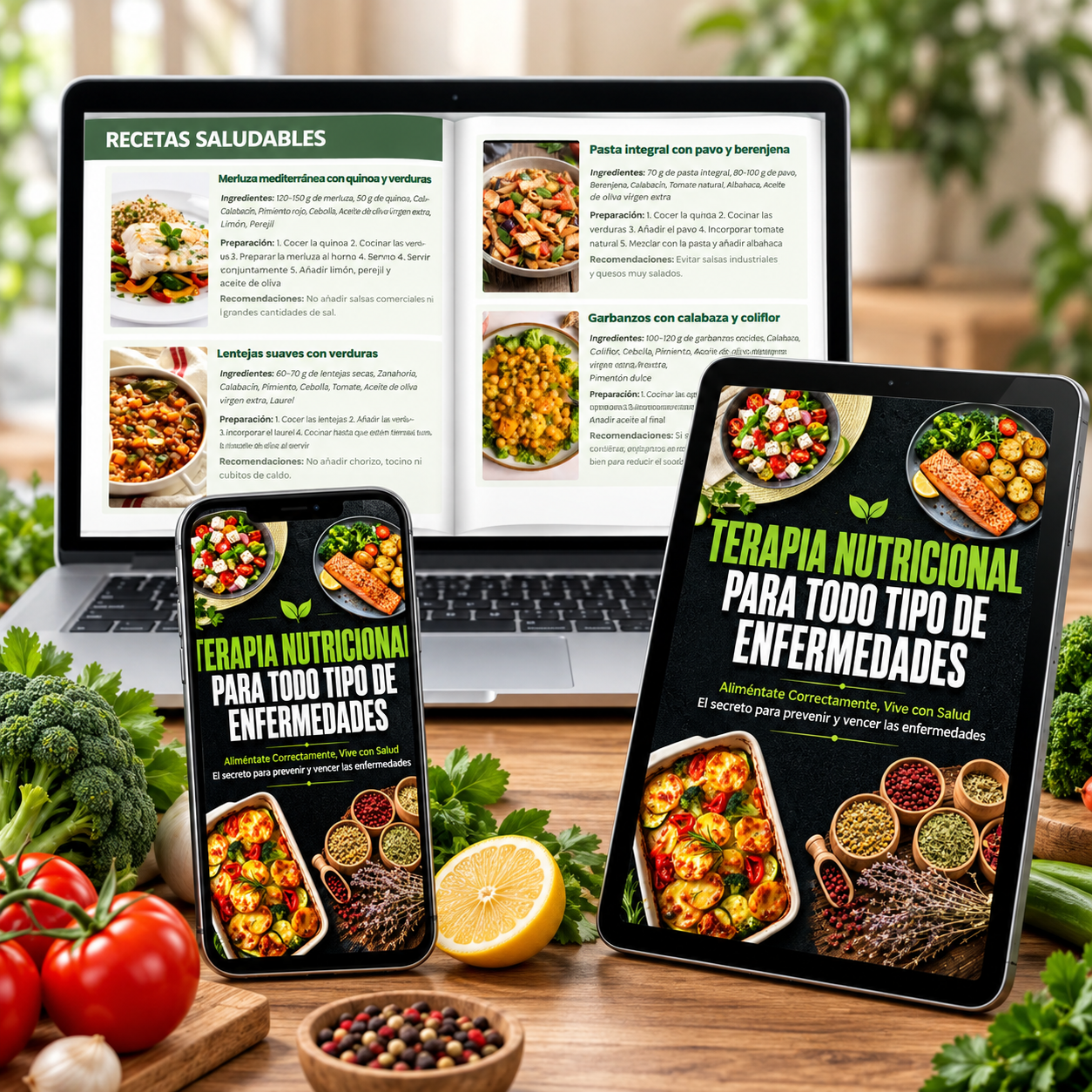 Ebook digital de terapia nutricional mostrado en laptop, tablet y teléfono
