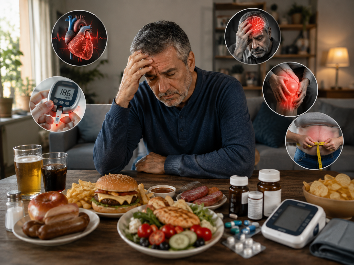 Hombre preocupado frente a alimentos poco saludables, medicamentos y síntomas de enfermedades crónicas