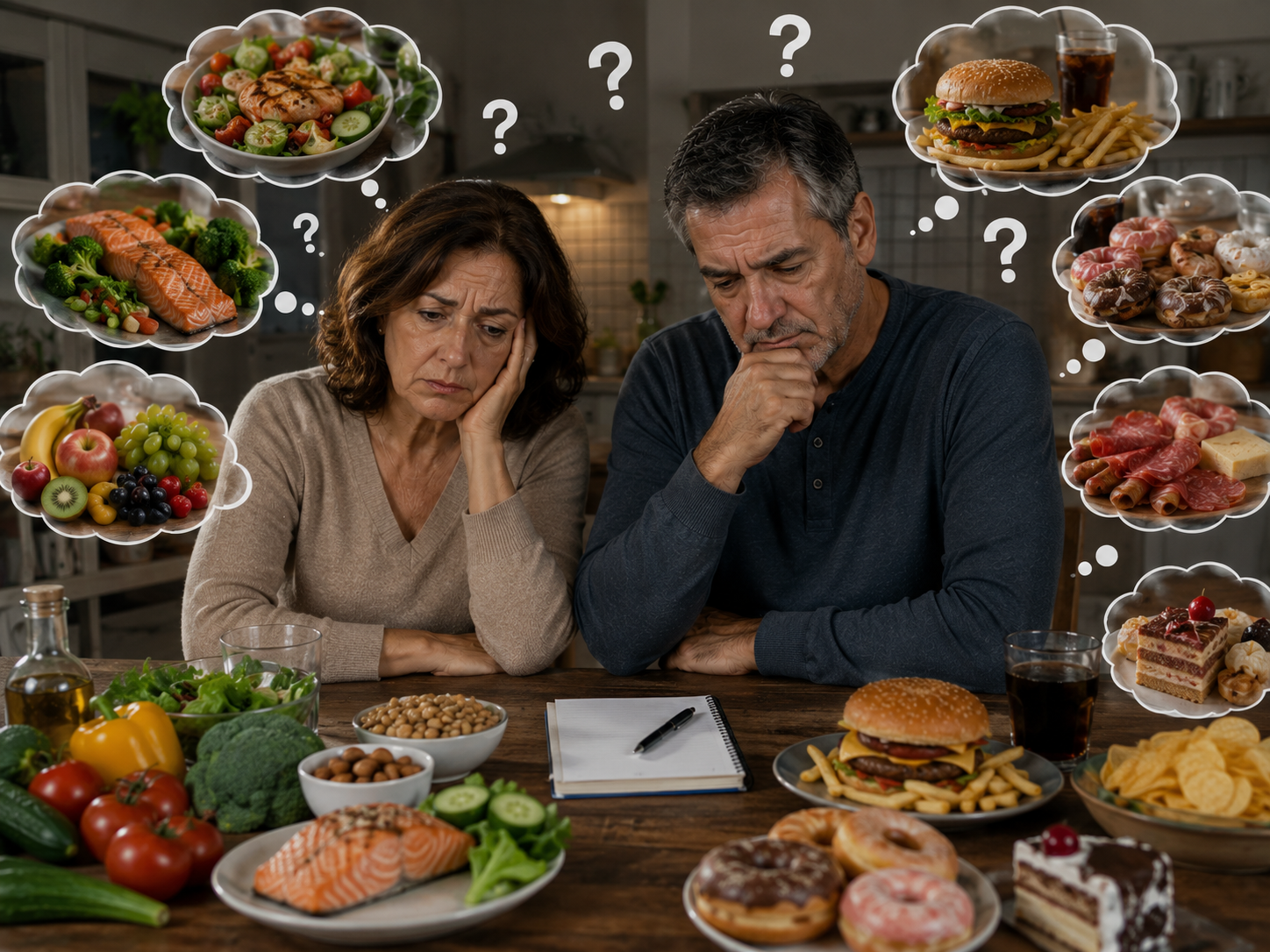 Pareja confundida entre alimentos saludables y alimentos poco saludables, sin saber qué elegir