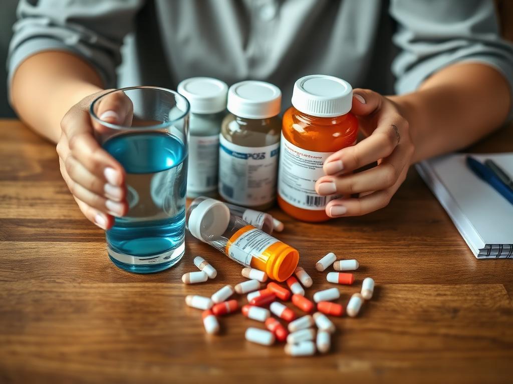 Manos sosteniendo frascos de medicamentos y un vaso de agua